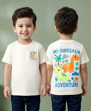 Babyhug Cotton Knit Half Sleeves T-Shirt with Front & Back Dino Print - Cream