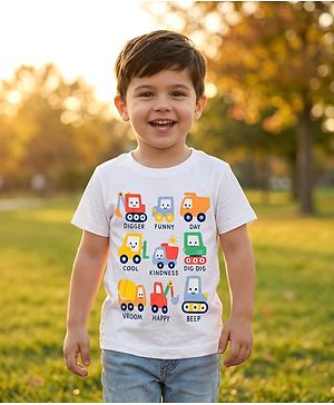 Babyhug Cotton Knit Half Sleeves T-Shirt with Vehicle Print - White