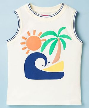 Babyhug Cotton Knit Sleeveless Tank T-Shirt with Beach Theme Graphics - Multicolor