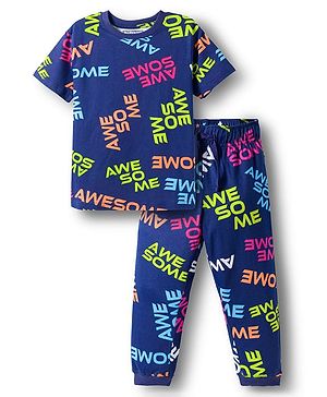 Pine Kids Single Jersey Knit Half Sleeves T-Shirt & Lounge Pant Co-ords Night Suit With Awesome Print - Navy Blue