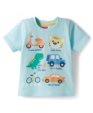 Babyhug Cotton Knit Half Sleeves T-Shirt with Vehicle & Animal Print - Aqua Blue