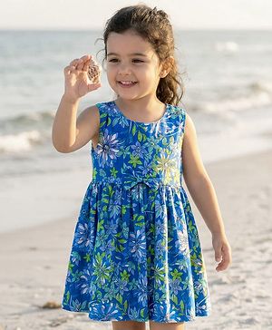Babyhug Cotton Woven Sleeveless Frock with Floral Print & Bow -Blue