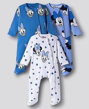 Bonfino Disney Interlock Knit Full Sleeves Footed Sleepsuit With Minnie Mouse & Friends Print Pack Of 3 - Blue White & Light Blue
