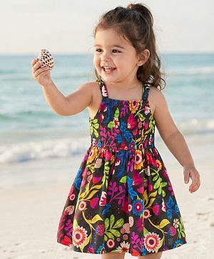 Babyhug Cotton Woven Sleeveless Floral Printed Frock with Smock Detailing - Multicolour