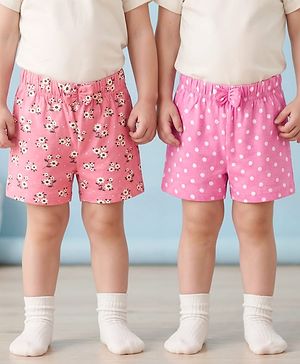 Babyhug Single Jersey Knit Mid Thigh Length Polka Dotted & Floral Printed Shorts with Bow Applique Pack of 2 - Pink