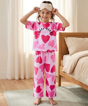 Pine Kids 100% Cotton Bio Washed Half Sleeves Hearts Printed T-Shirt & Pyjama Co-Ord Night Suit - Pink