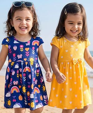 Babyhug 100% Cotton Knit Half Sleeves Floral Printed  Frock With Bow Pack Of  2- Multicolour