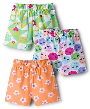 Babyhug Single Jersey Knit Mid Thigh Shorts With Floral Print Pack Of 3 - Light Green Orange & White