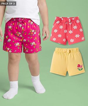 Babyhug Single Jersey Knit Floral Printed Mid Thigh Length Shorts With Bow Applique Pack Of 3 - Dark Pink & Yellow