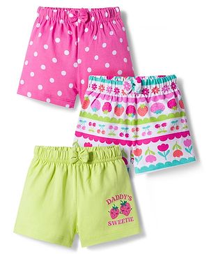 Babyhug Single Jersey Knit Mid Thigh Fruit & Polka Dot Printed Shorts With Bow Applique Pack of 3 - Light Green Dark Pink & White