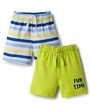 Babyhug Single Jersey Knit Mid Thigh Shorts With Stripes & Fun Time Print Pack Of 2 - Yellow & White