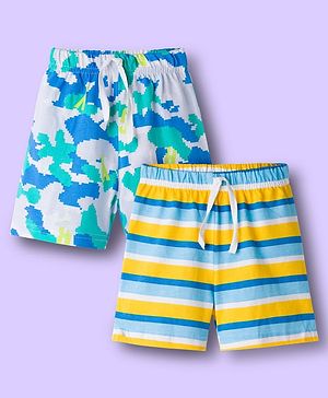 Babyhug Single Jersey Knit Mid Thigh Shorts With Stripes & Abstract Print Pack of 2 - Aqua & Yellow