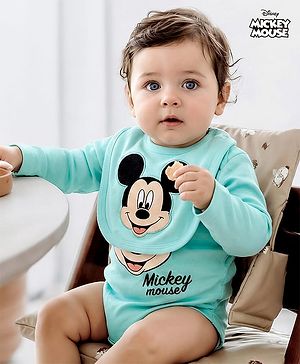 Babyhug Disney Interlock Knit Full Sleeves Mickey Mouse Printed Onesie With Bib - Light Blue