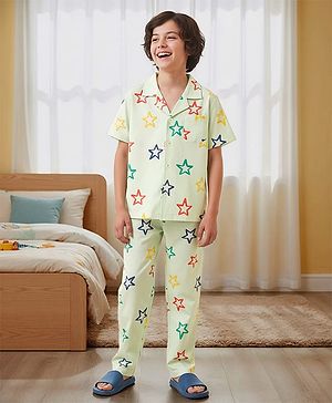 Pine Kids Single Jersey Knit Half Sleeves Shirt & Pyjama Co-ord Night Suit With Star Print - Sea Green