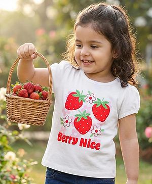 Babyhug Cotton Knit Half Sleeves T-Shirt with Strawberry Print - White