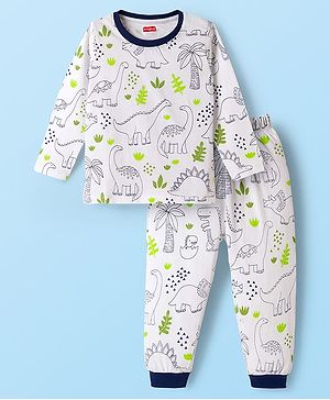 Babyhug Cotton Knit Full Sleeves Co-ord Night Suit With Dino Print - White