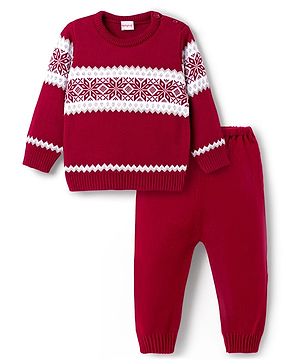 Babyhug Knit Full Sleeves Pullover Sweater Set with Aztec Design - Red
