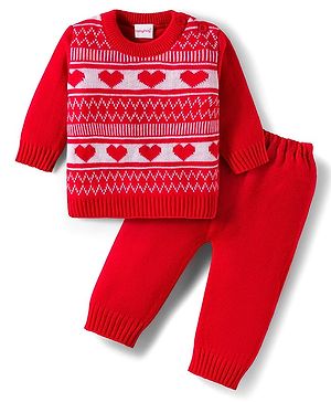 Babyhug Knitted Full Sleeves Sweater Set With Heart Design - Red