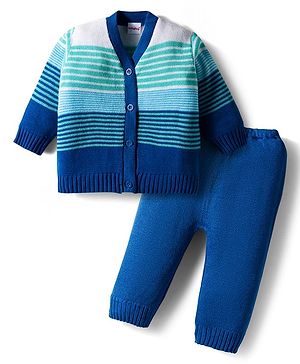 Babyhug Knit Full Sleeves Front Open Striped Sweater Set - Blue