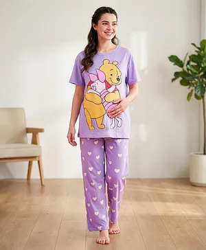Bella Mama Disney Cotton Knit Drop
                              Shoulder Half Sleeves Night Suit with
                              Winnie the Pooh Graphic - Purple