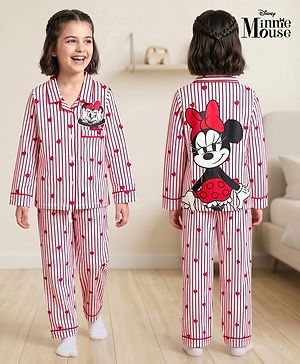 Pine Kids Disney 100% Cotton Knit Full Sleeves Front Open Co-Ords Shirt & Pyjama Night Suit With Front & Back Minnie Mouse Graphics - Red