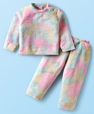 Babyhug Velour Knit Full Sleeves Co-ords Winter Wear Night Suit With Tie Dye Print - Multicolour