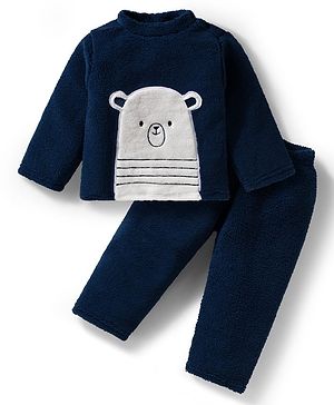 Babyhug Velour Knit Full Sleeves Winter Wear Night Suit With Animal Patch - Navy Blue