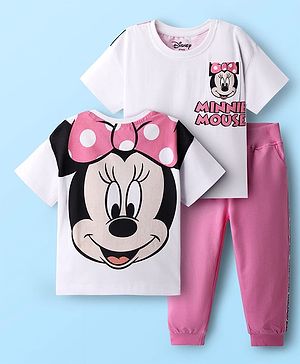 Babyhug Disney Single Jersey Knit Half Sleeves Oversized Drop Shoulder T-Shirt & Track Pant Set with Front and Back Minnie Mouse Graphic - White & Pink