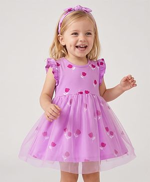 Bonfino 100% Cotton Knit Flutter Sleeves Floral Printed Frock with Headband - Purple