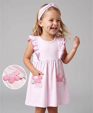 Bonfino Cotton Knit Flutter Sleeves Fit & Flared Frock with Floral Patch & Pockets - Pink