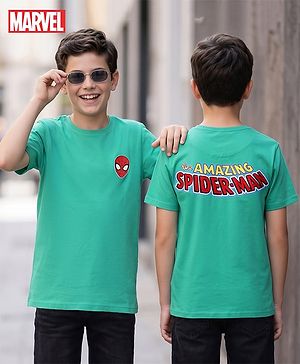 Pine Kids Marvel Single Jersey Knit Half Sleeves T-Shirt With Spider Man Print & Badge Detailing - Aqua