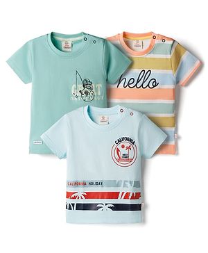 Mini Donuts Sinker Knit Half Sleeves Stripes Beach & Space Theme Printed T-Shirts Pack Of 3 - Light Green Aqua Blue & Peach
