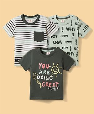 Mini Donuts Sinker Knit Half Sleeves T-Shirts with Striped & Text Print Pack of 3 - Grey Cream & White