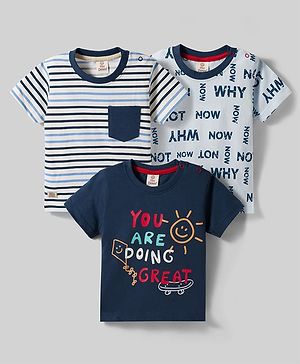 Mini Donuts Sinker Knit Half Sleeves T-Shirts with Striped & Text Print Pack of 3 - Navy Blue Cream & White