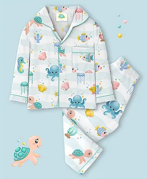 Fancy Fluff Cotton Woven Full Sleeves
                              Fish & Octopus Printed Coordinating
                              Night Suit Set - Blue