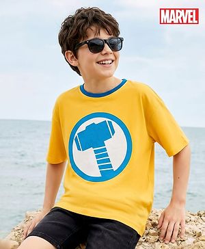 Pine Kids Marvel Terry Knit Half Sleeves Drop Shoulder T-Shirt With Thor Print & Gold Foil Detailing - Yellow