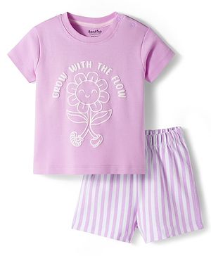 Bonfino 100% Cotton Knit Half Sleeves T-Shirt & Shorts Set with Floral Print & Stripes - Purple