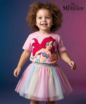 Babyhug Disney Single Jersey Knit Half Sleeves T-Shirt & Skirt Set with Ariel Graphic & Mesh Detailing - Multicolor