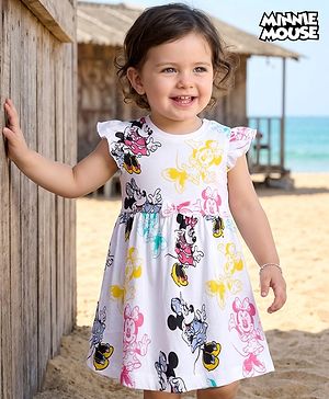 Babyhug Disney Single Jersey Knit Frill Sleeves Frock with Bloomer & Minnie Mouse Print - White