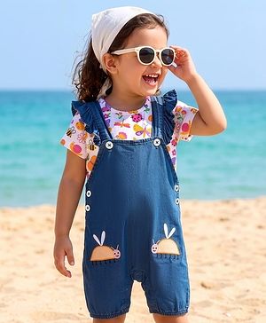 Babyhug Single Jersey Knit Half Sleeves T-Shirt & Dungaree Set with Jungle Theme Print & Embroidery - Multicolor