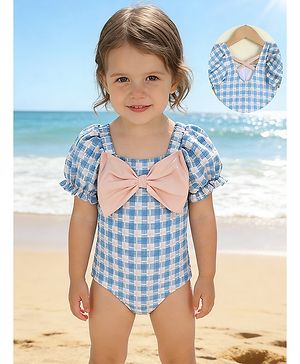 Babyhug Half Sleeves Checks Printed V Cut Swimsuit With Bow Applique - Blue