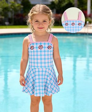 Babyhug Sleeveless Checks Frock Swimsuit With Floral Applique - Light Blue