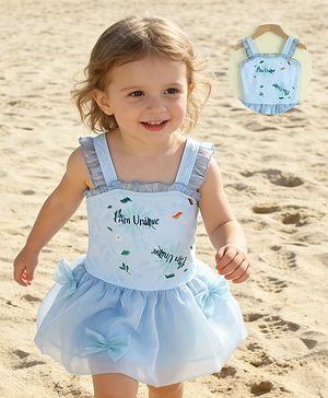 Babyhug Sleeveless Text Printed & Bow Applique Frock Swimsuit - Light Blue