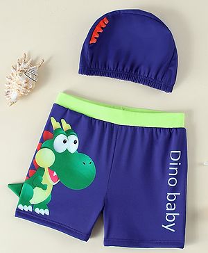 Babyhug Dino Printed Swimming Trunk With Cap - Navy Blue