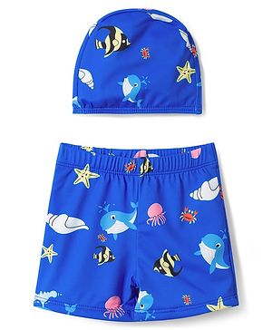 Babyhug Swimming Trunks with Sea Life Theme Print & Cap - Blue