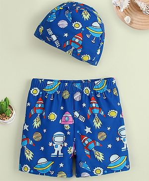 Babyhug Swimming Trunk with Cap & Space Theme Print - Navy Blue