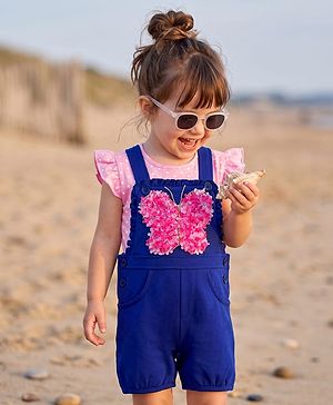 Babyhug Single Jersey Knit Half Sleeves T-Shirt & Dungaree with Polka Dots Print & Butterfly Applique- Pink