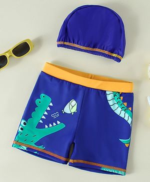 Babyhug Crocodile Printed Swimming Trunk With Cap - Blue