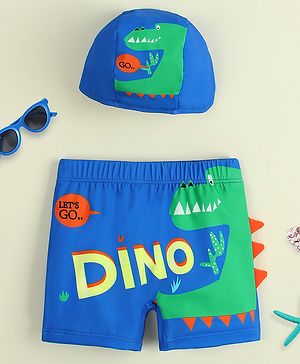 Babyhug Dino Printed Swimming Trunk With Cap - Blue