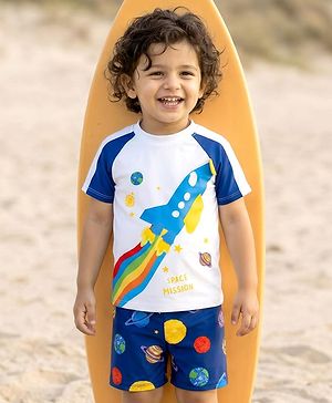 Babyhug Raglan Half Sleeves Space Theme Printed Two Piece Swimsuit - White
